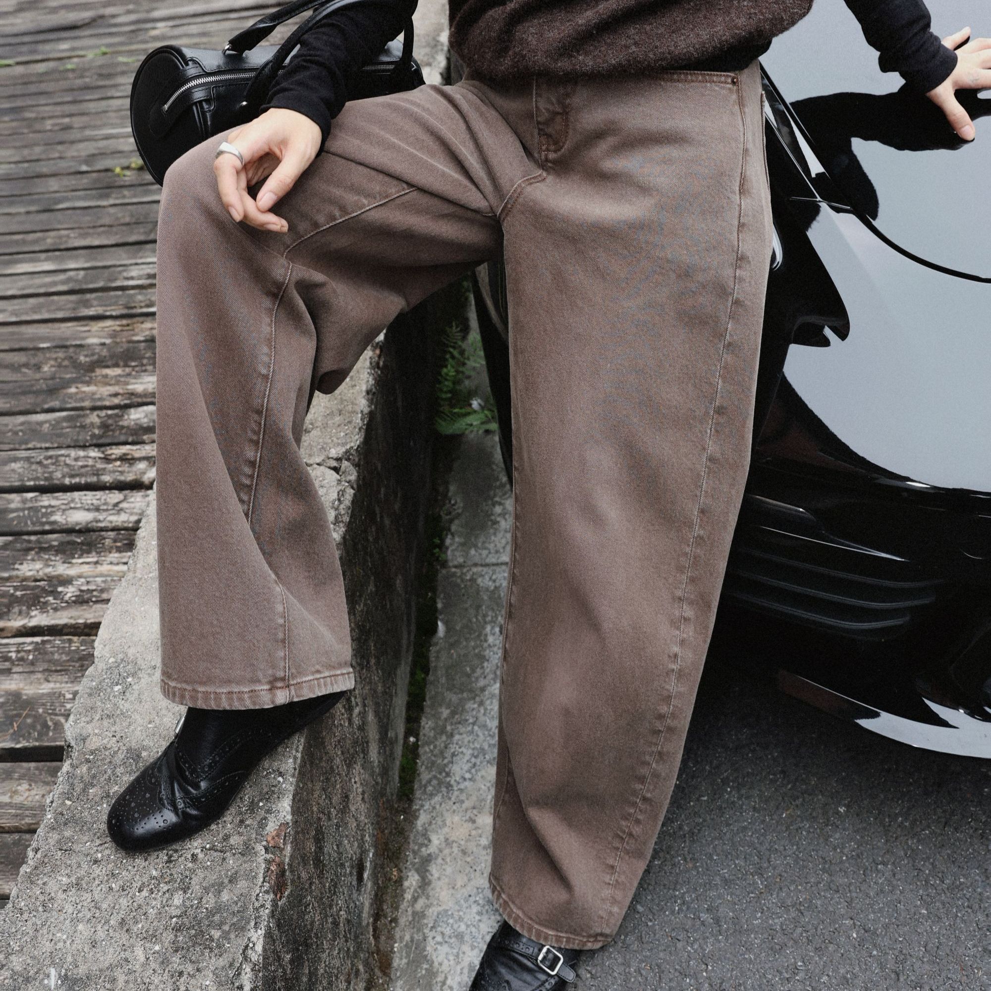 TT设计师【午后摩卡】复古风高级感水洗做旧挺阔感牛仔裤TT191129