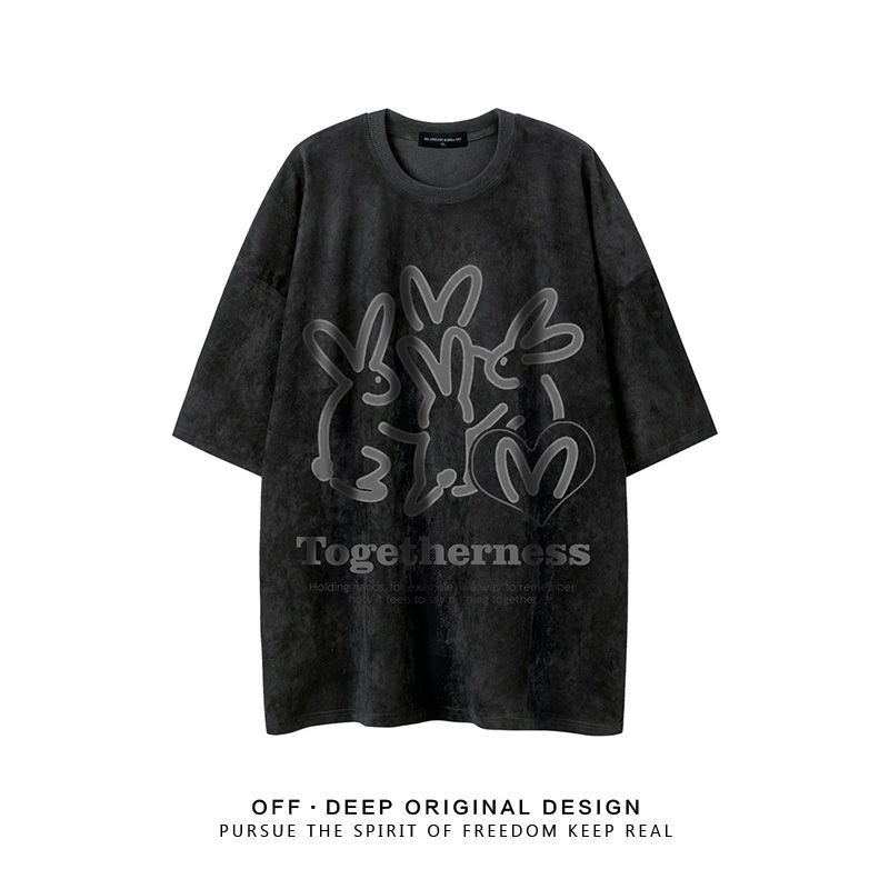 特大码300斤个性纯欲风复古港风兔子印花男女短袖T恤情侣宽松上衣