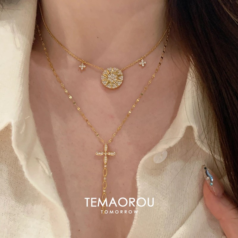 铜合金项链 爆闪满钻八芒星锁骨链女轻奢精致十字架流苏吊坠项链