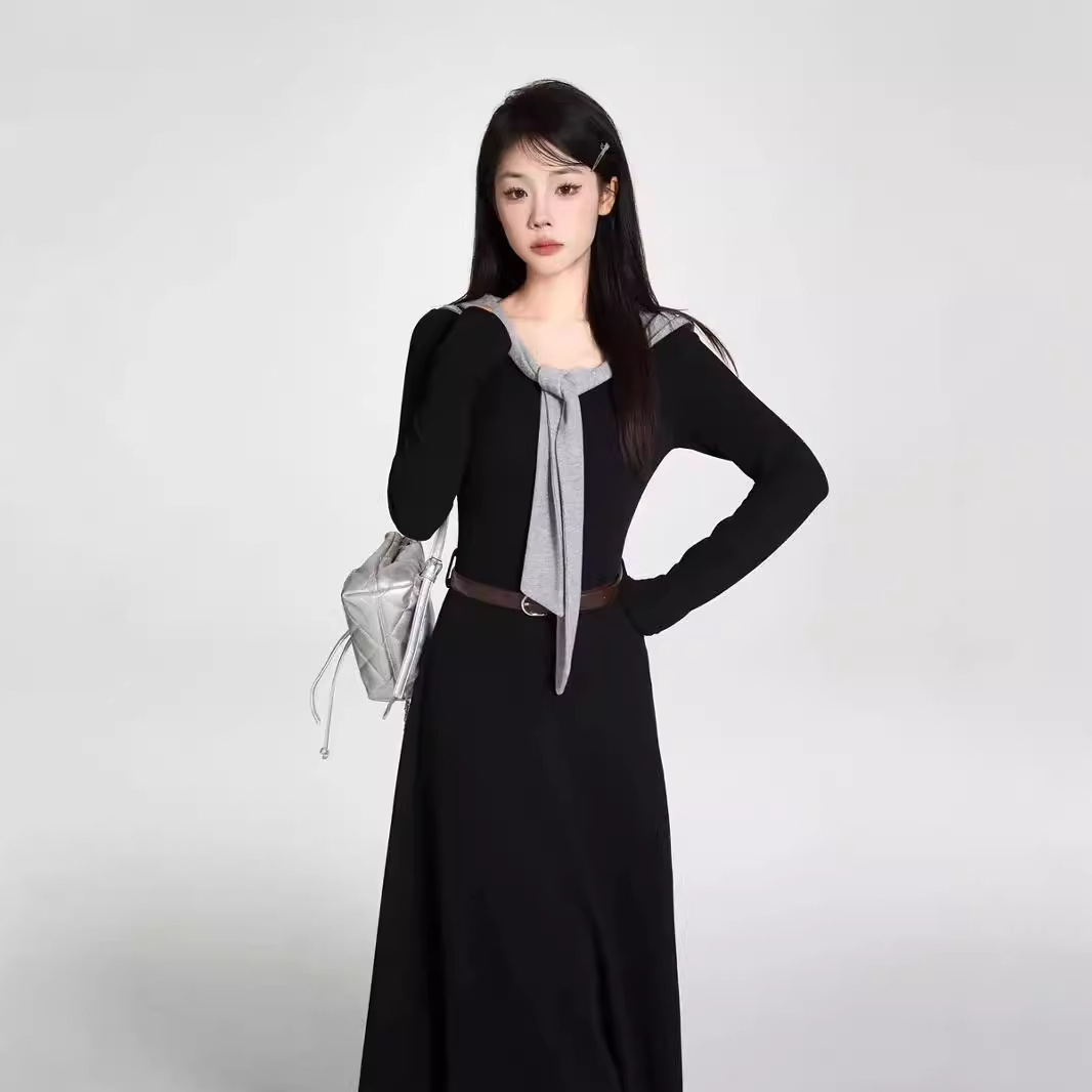 法式气质黑色长袖连衣裙女早秋款设计感收腰显瘦超好看内搭长裙子