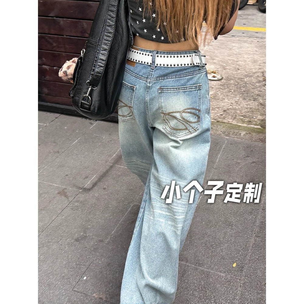 150小矮个子口袋刺绣牛仔裤女夏季美式复古拖地裤高腰显瘦阔腿裤