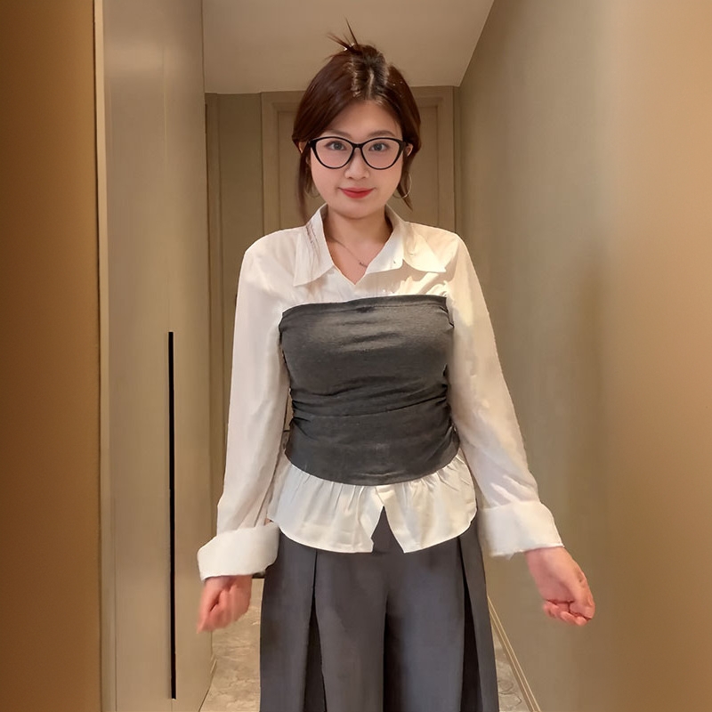 大码女装韩系撞色假两件长袖衬衫秋季新款胖mm收腰巨显瘦气质上衣