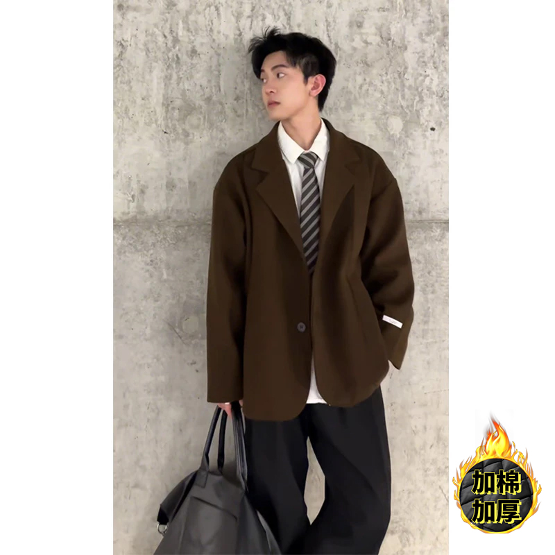 英伦风短款毛呢外套男士秋冬潮牌加棉风衣高级感痞帅翻领呢子大衣