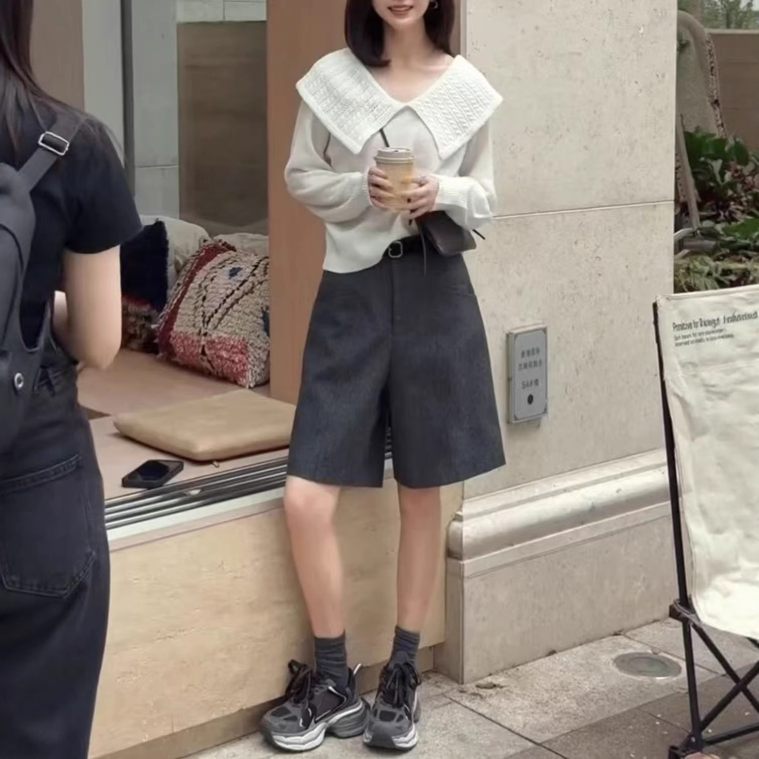 新秋季新法式翻领甜美上衣高腰阔腿五分裤女