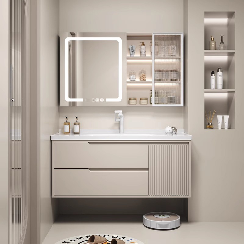 8013风水镜奶油风橡胶木烤漆智能浴室柜组合一体盆卫生间洗漱台
