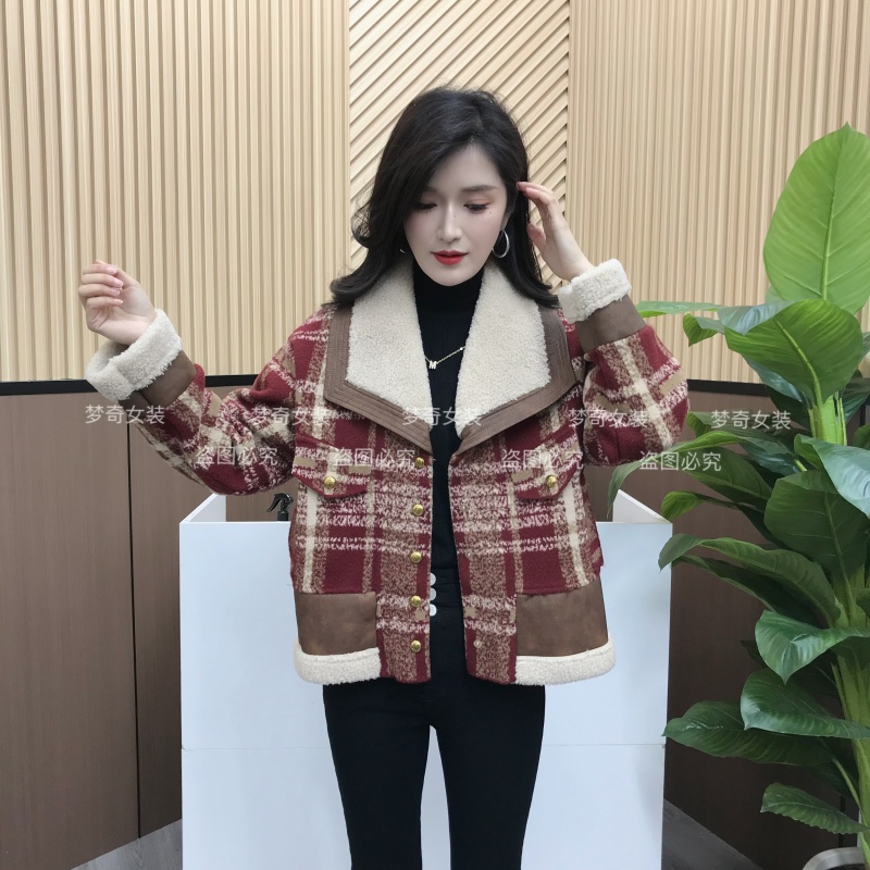 复古格纹毛毛拼接翻领短外套女冬设计感宽松加厚时尚上衣夹克衫