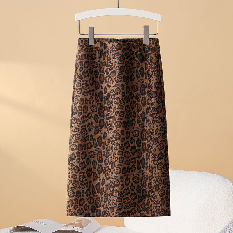 【拉链+后开叉】复古气质豹纹后开叉半身裙春秋鹿皮绒包臀一步裙