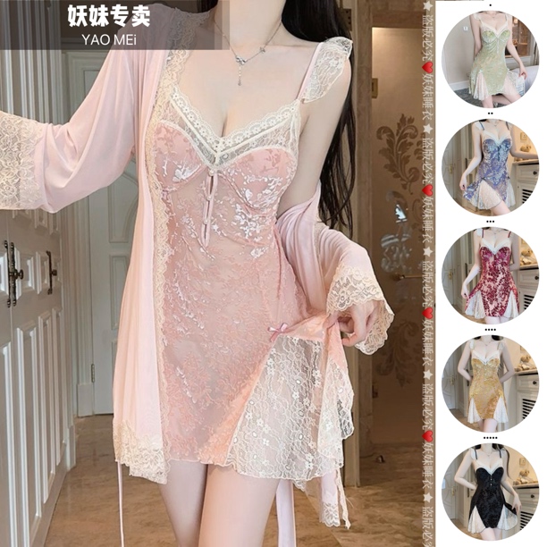 甜美诱惑飞袖深V露背加胸垫丝绒睡裙外袍女套装法式复古性感宫廷