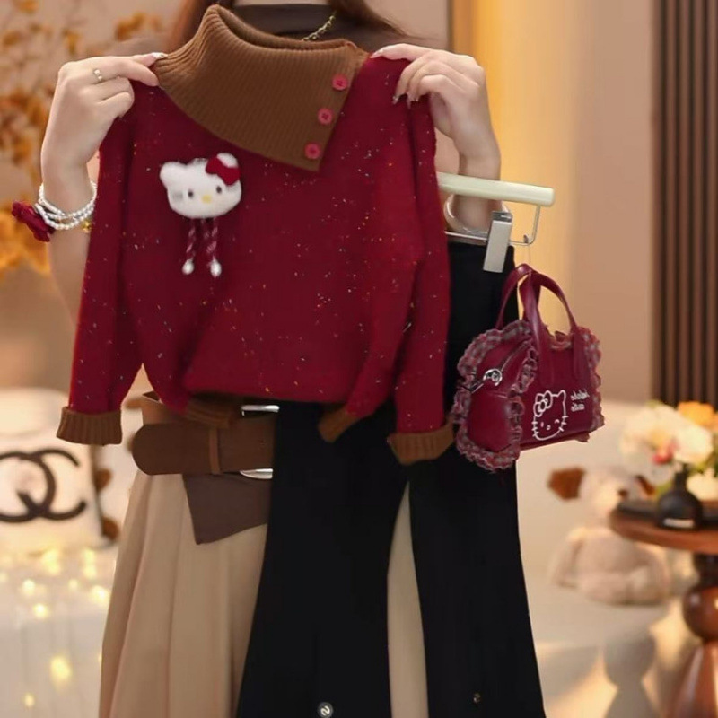 女童毛衣喇叭裤套装2025新款秋冬款加厚红色翻领针织衫上衣微喇裤