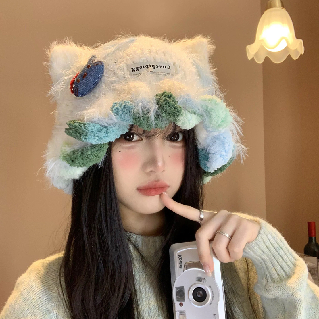 【吐司】可爱Kitty猫耳朵毛绒针织帽女显脸小毛线帽大头围保暖帽子