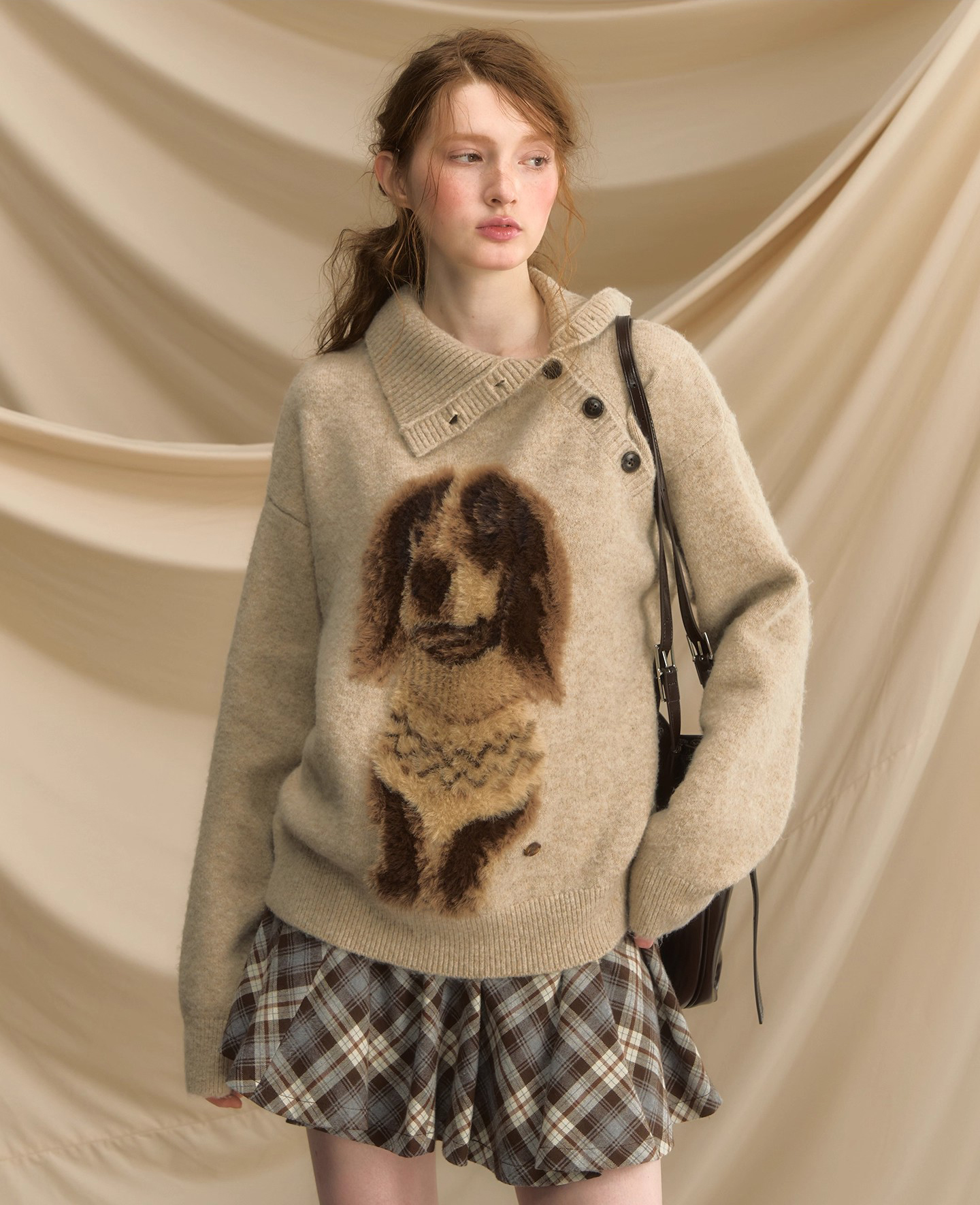 美式慵懒风套头毛衣秋冬新款复古小狗提花宽松休闲外穿翻领针织衫