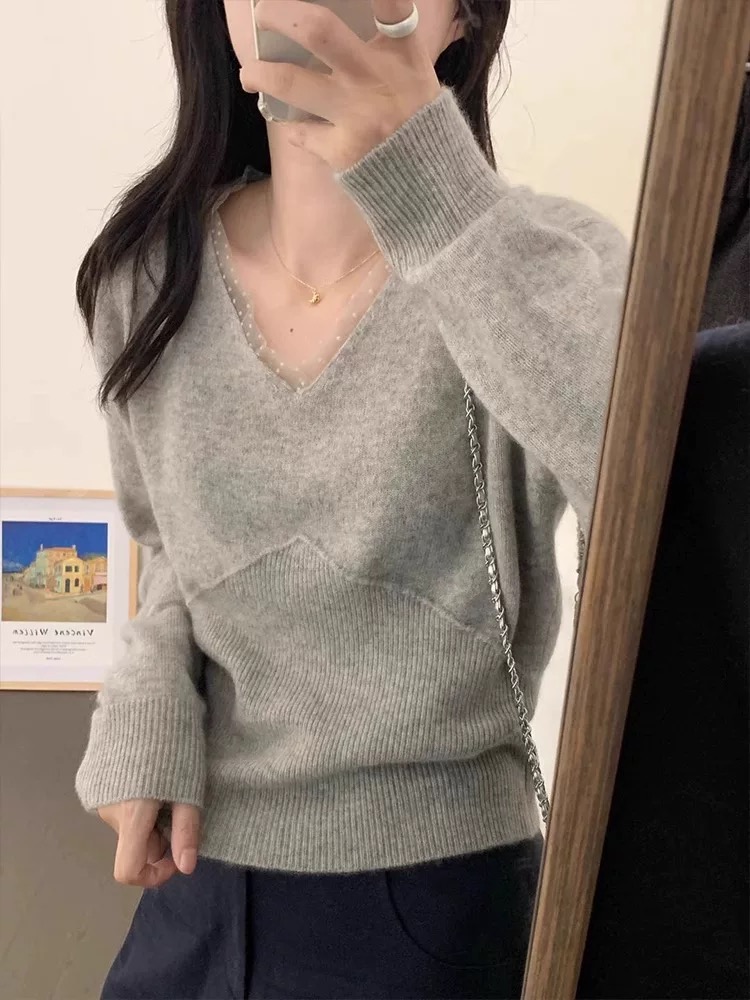小香风韩系V领精纺羊毛衫蕾丝打底衫女秋冬宽松毛衣针织内搭上衣