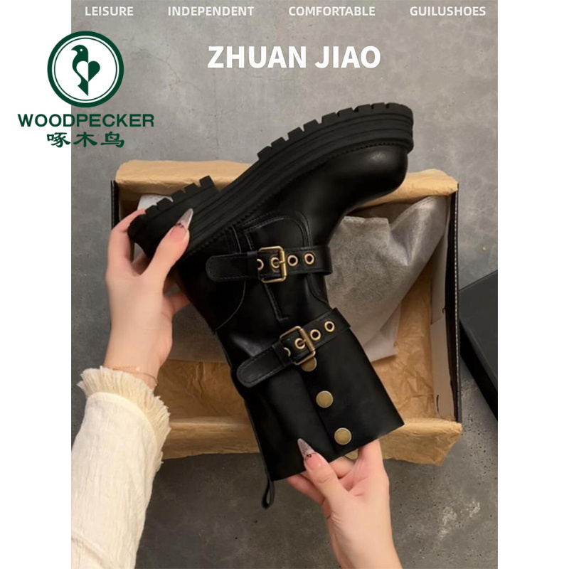 啄木鸟厚底马丁靴女2025年秋冬新款西部牛仔靴复古短靴中筒骑士靴