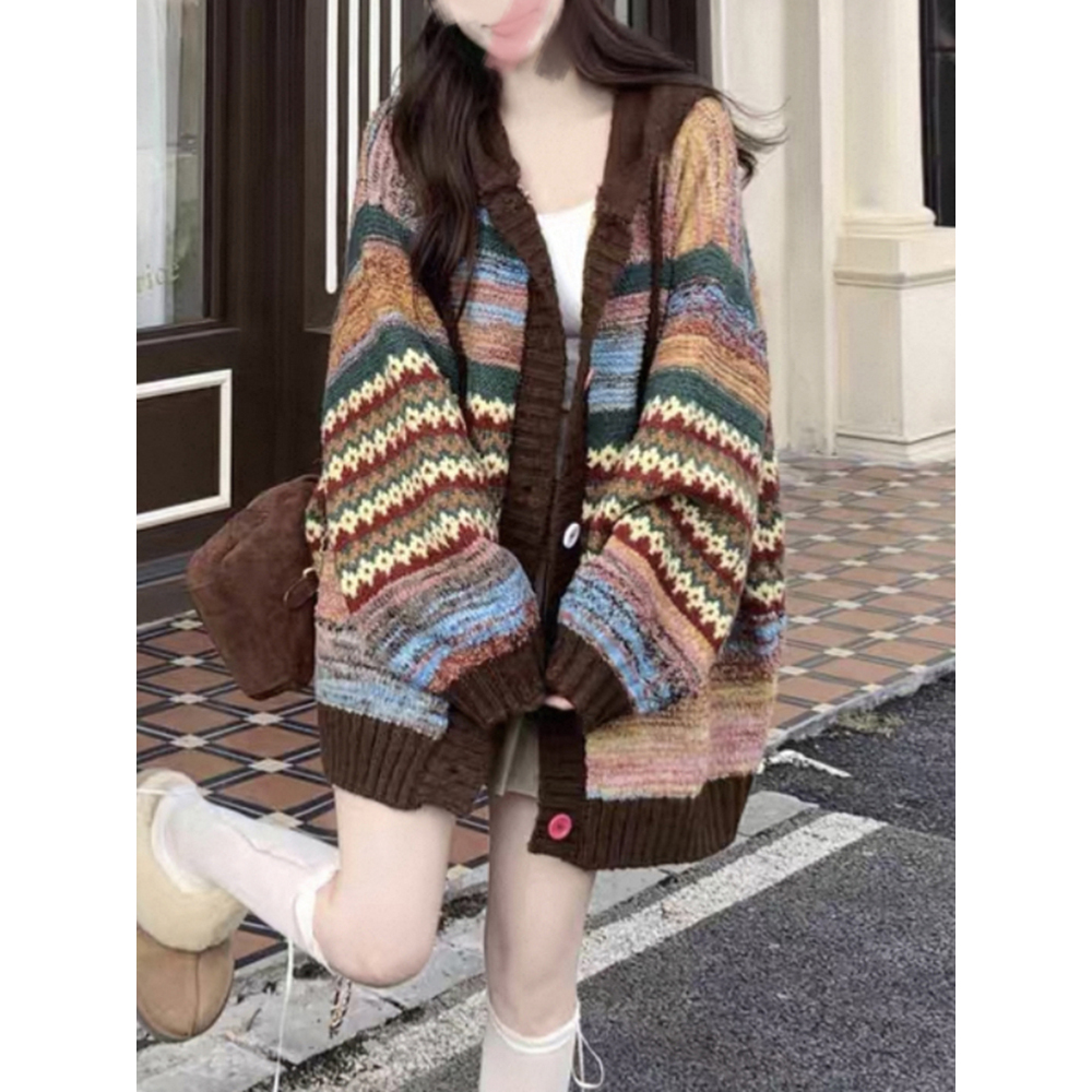 复古彩色条纹连帽针织开衫女秋冬新款慵懒风宽松百搭休闲毛衣外套