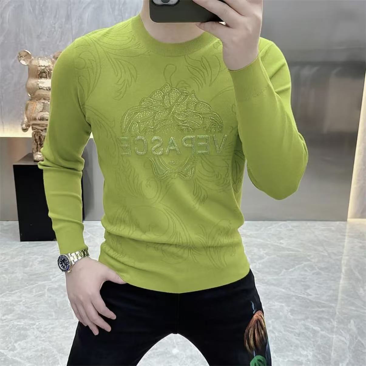 2025秋冬季欧货男士潮牌针织潮流时尚修身提花烫钻百搭打底毛衣男