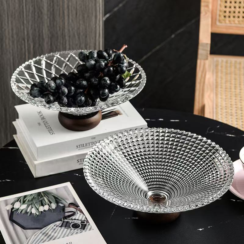 水果盘中式新中式法式复古水果盘大号加厚果盆高脚木质特大玻璃盘