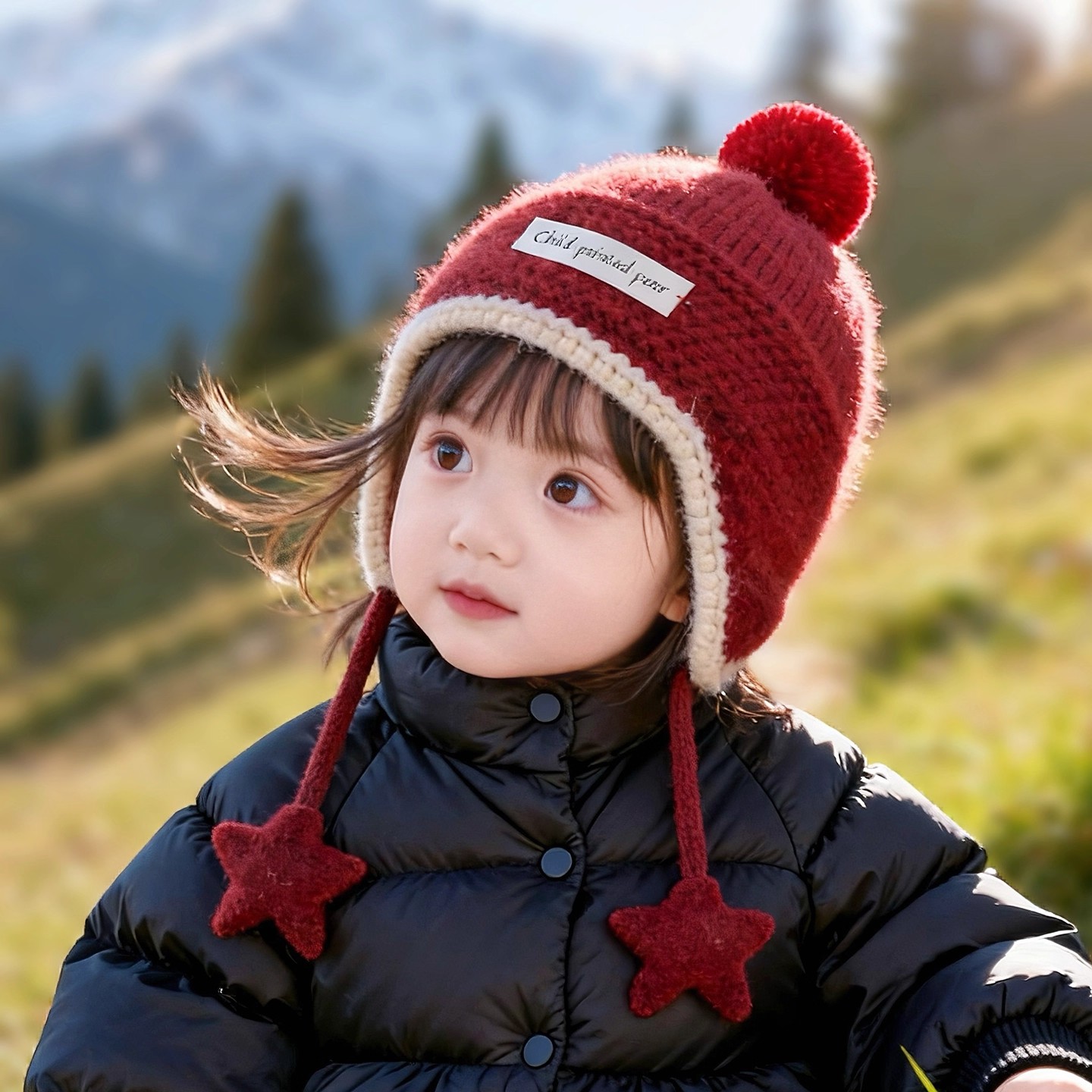 宝宝帽子冬天红色新年帽加厚保暖儿童针织护耳帽婴幼儿套头毛线帽