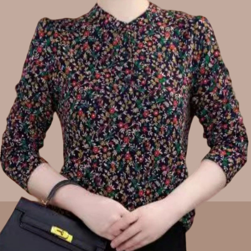 气质圆领小衫秋季新款长袖复古花色优雅百搭I时尚洋气套头女衬衫