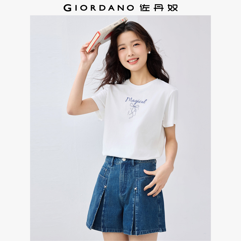 佐丹奴T恤女装夏季新款纯棉圆领蝴蝶结印花针织短袖T恤 13325323