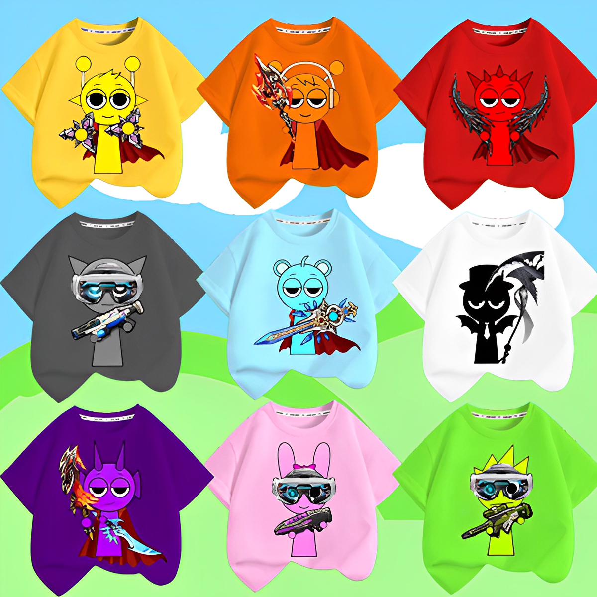 新款Sprunki节奏盒子角色儿童T恤透气纯棉短袖童装潮牌夏季上衣4