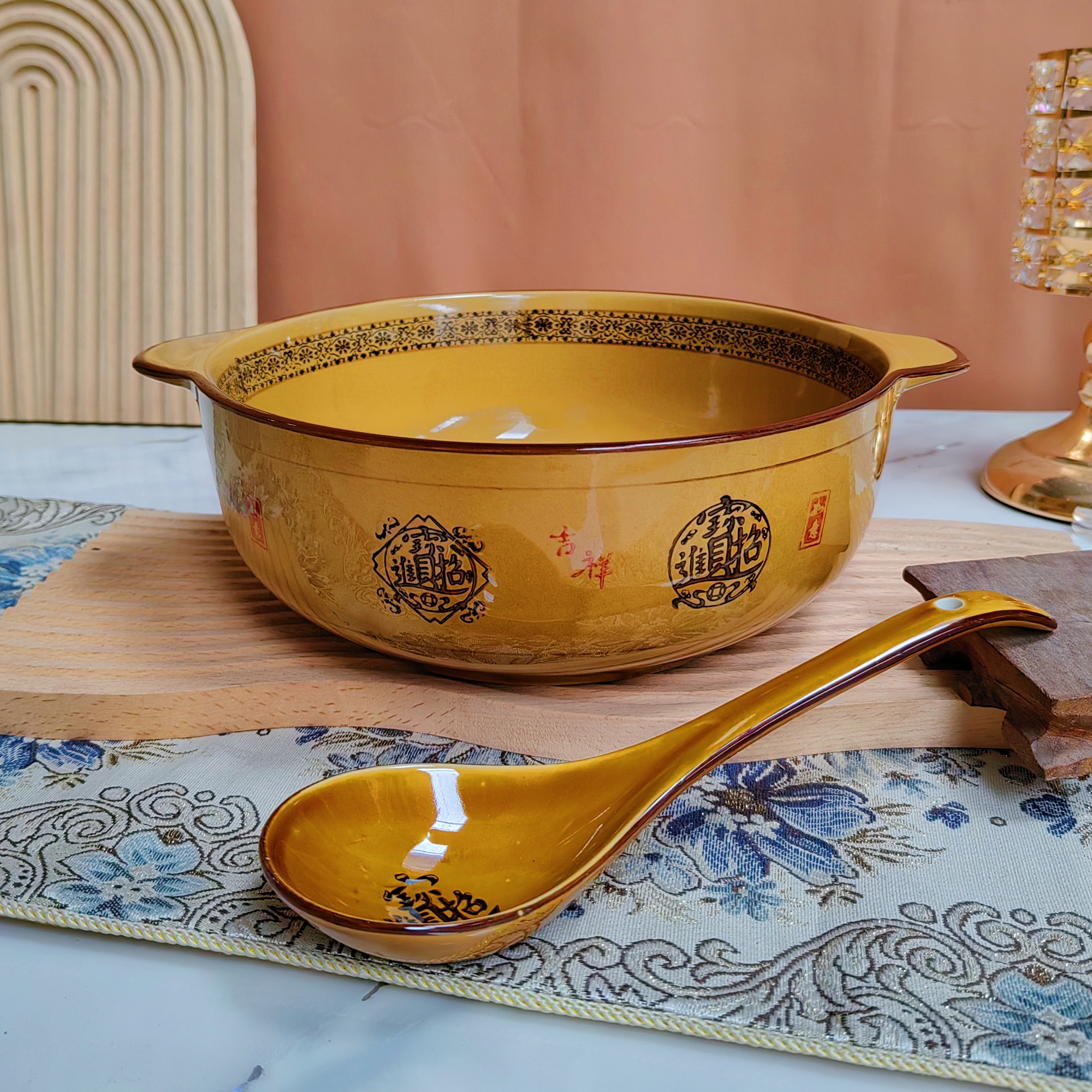 10.5英寸双耳招财进宝大号陶瓷碗餐具家用加厚商用大汤碗