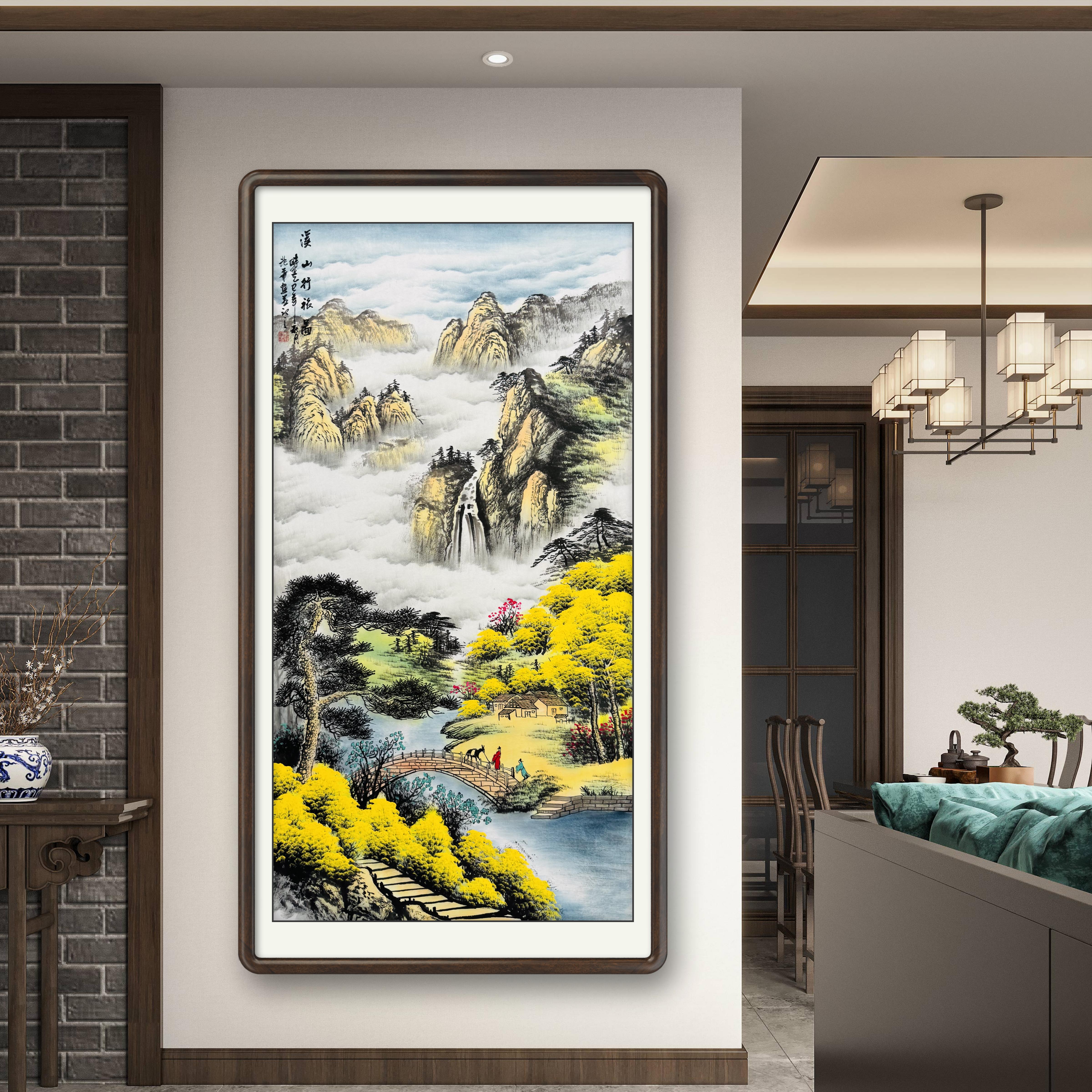 《溪山行旅图》手绘山水画玄关中堂国画挂画轻奢新中式字画直播间