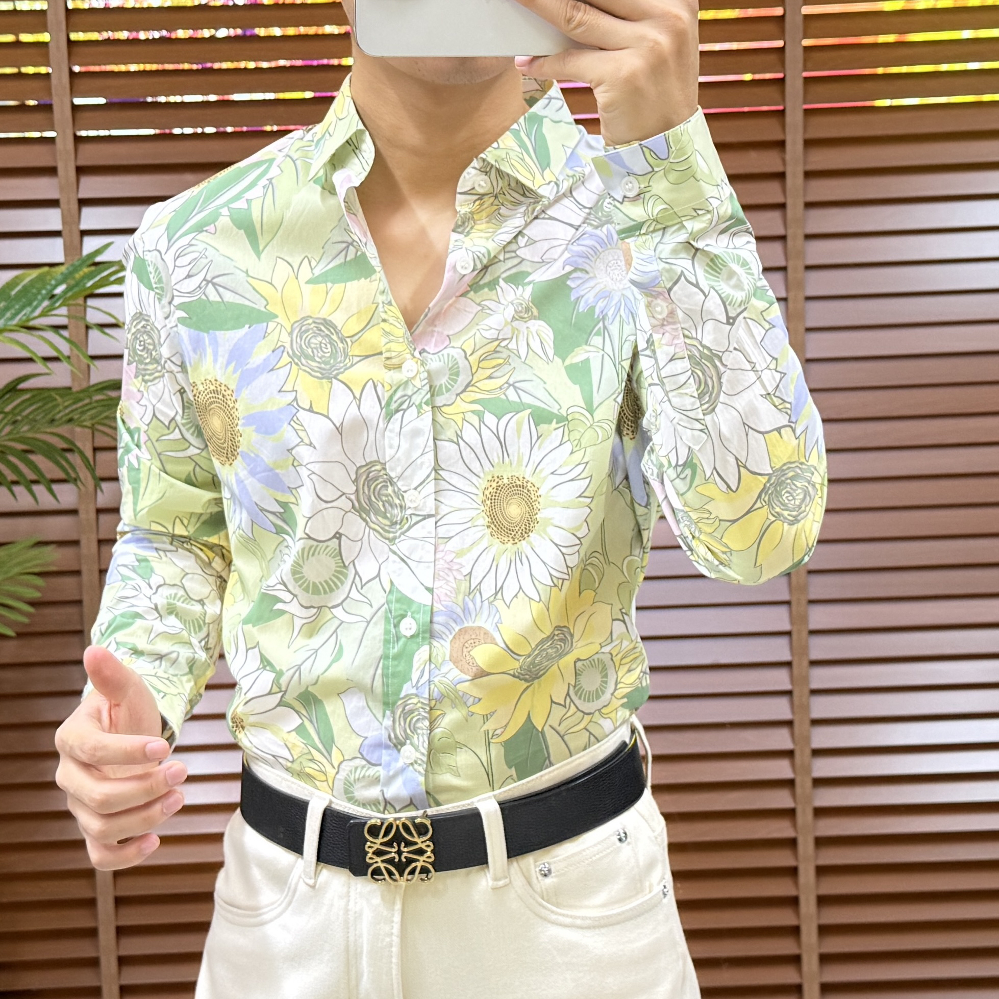 秋季新款太阳向日葵印花男士长袖休闲衬衫潮流百搭衬衣网红时尚