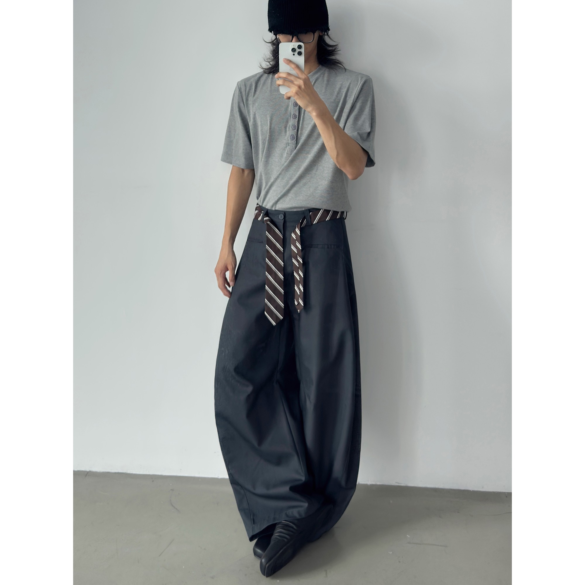 高街小众自带腰围领带老钱风西装弯刀西裤休闲裤宽松轻奢痞帅男装