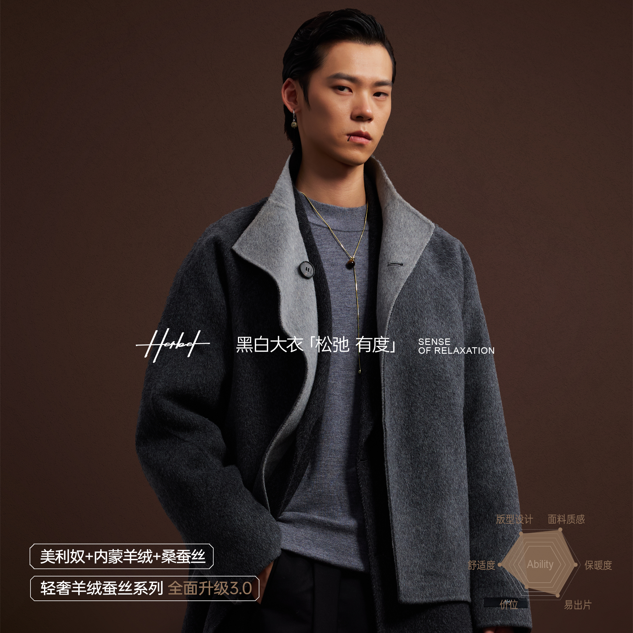 HERBEL黑白3.0版【双面穿】羊绒蚕丝绵羊毛大衣轻奢羊绒毛呢短外套