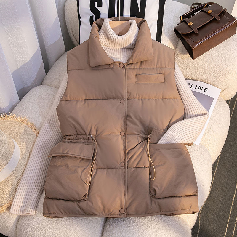 时尚休闲抽绳收腰单排扣翻领口袋棉马甲外套加厚保暖宽松短马夹女