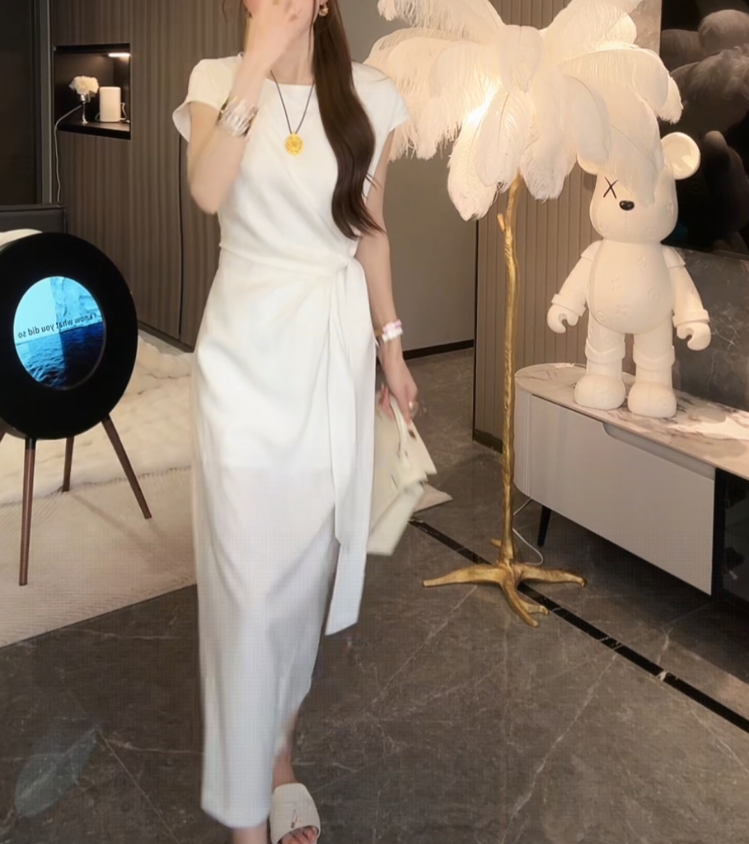 极简老钱风法式优雅亚麻连衣裙女2025夏季新款洋气收腰显瘦长裙子