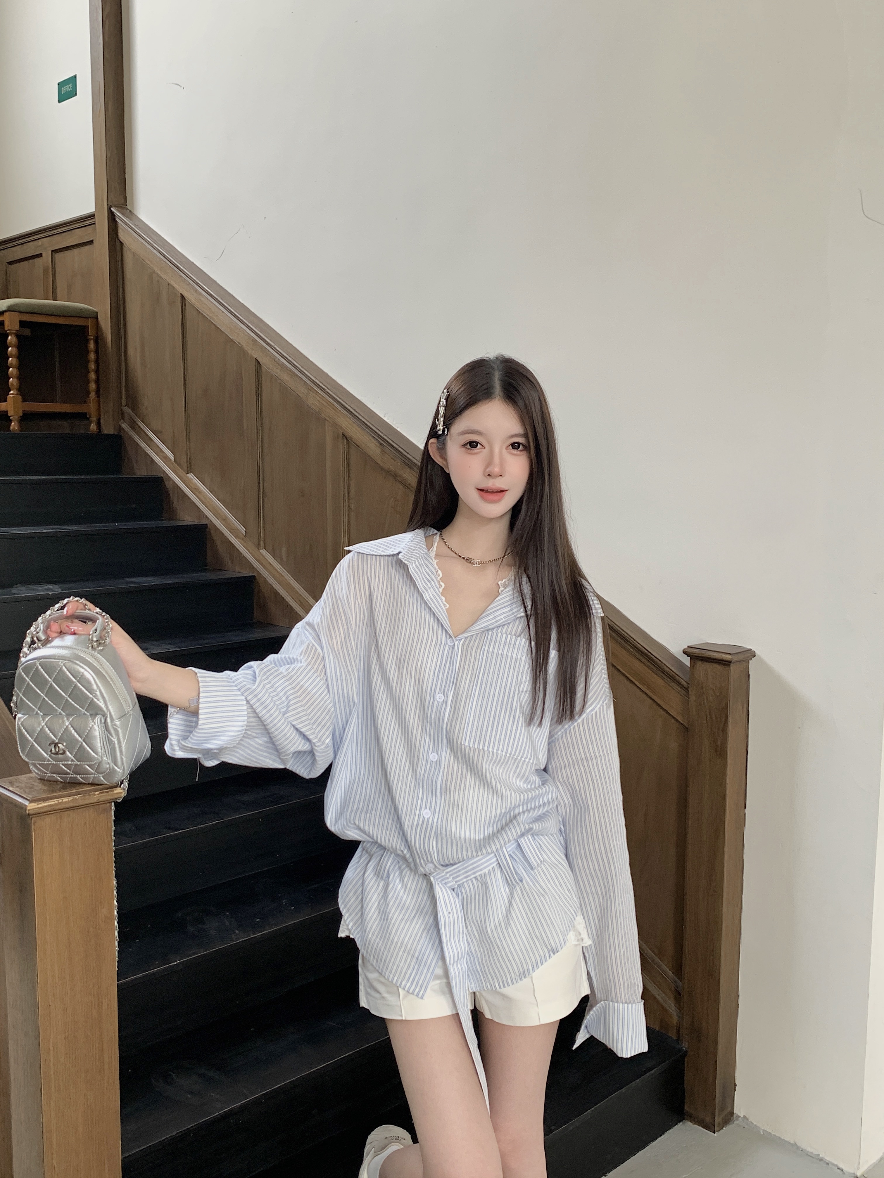BETMASS温柔条纹polo翻领衬衫腰带宽松慵懒绝美百搭气质上衣
