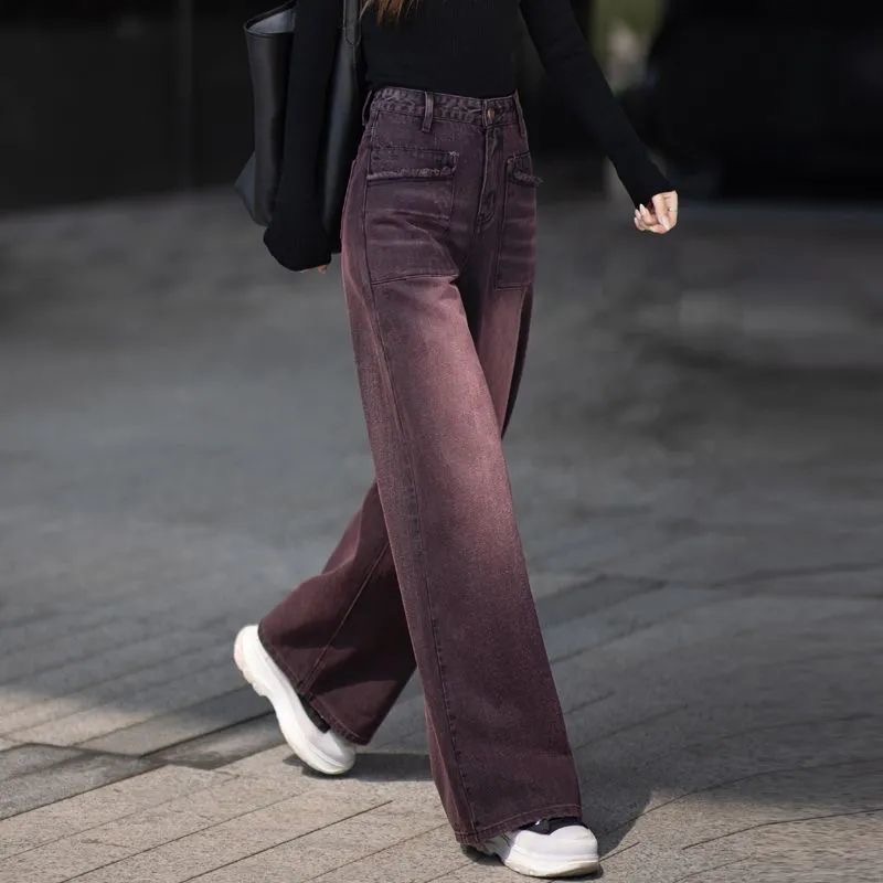 复古黑红色直筒阔腿牛仔裤女2025秋季新款宽松高腰显瘦垂感拖地裤