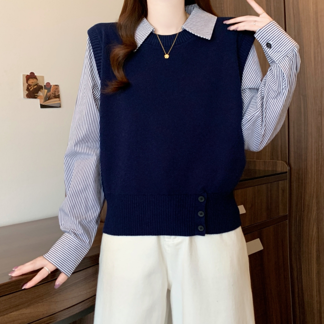 韩系针织马甲拼接条纹长袖衬衫秋装2025新款大码女装胖mm衬衣上衣