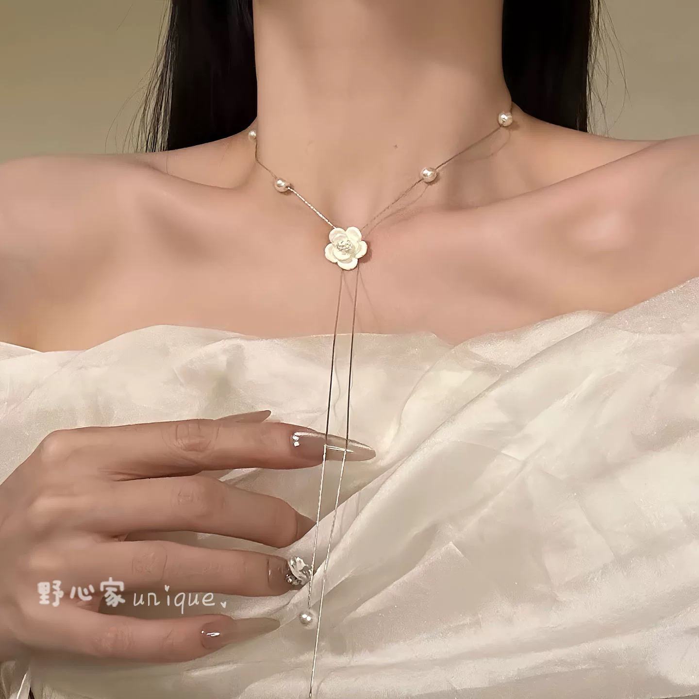铜合金仿珍珠项链 【月光花纪】纯白山茶花珍珠项链小众高级感颈链