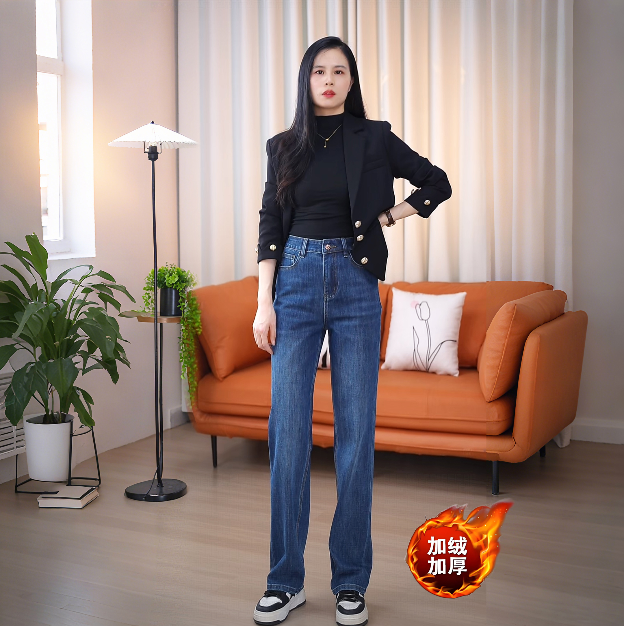 爆款直筒裤加绒单裤可选2025年新款高腰宽松显瘦复古窄版牛仔裤女