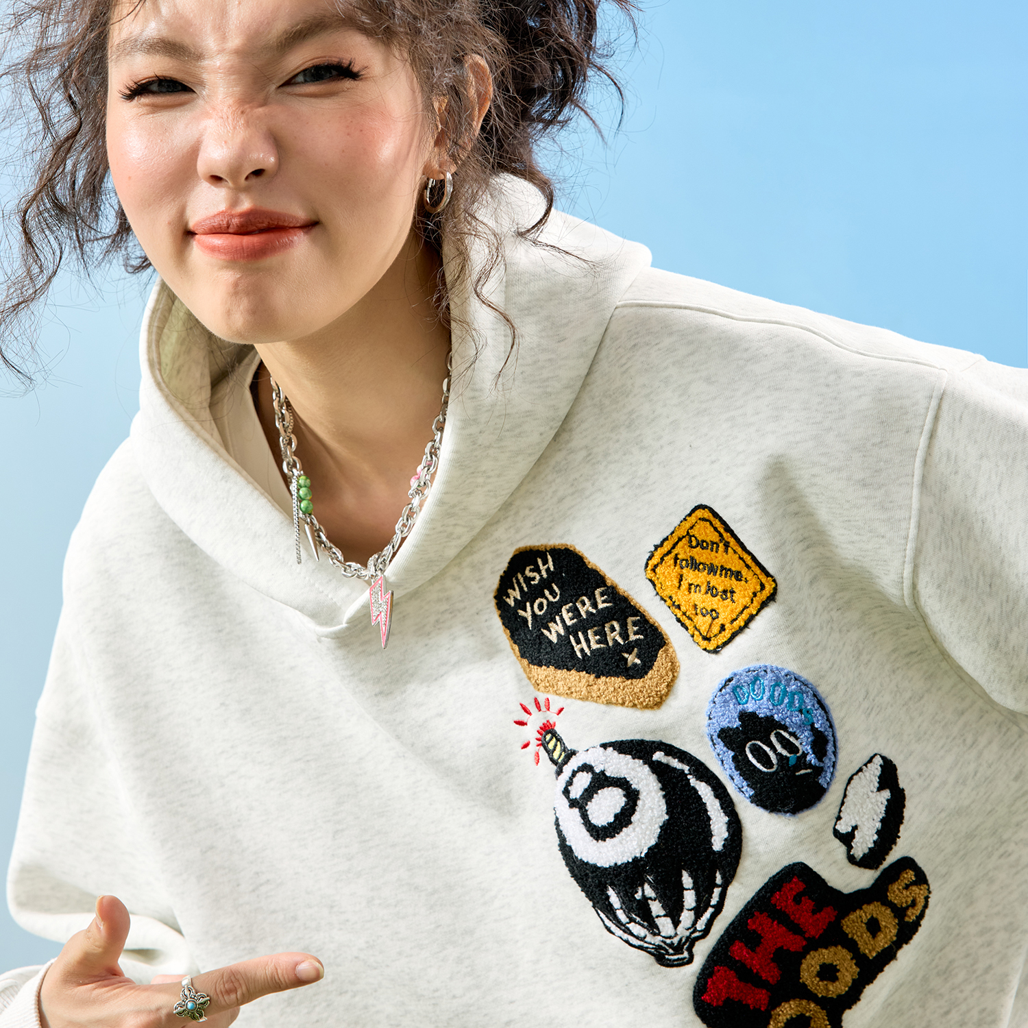 Nuthink美式复古植绒刺绣连帽卫衣字母套头外套男女2025秋季新款