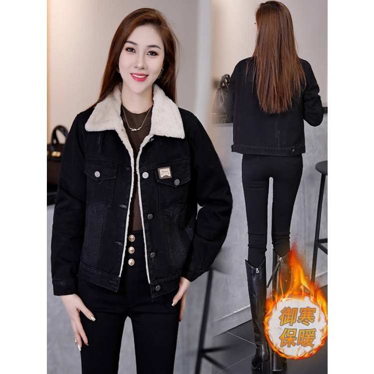 拉夏贝尔加绒牛仔短外套女秋冬2025新款时尚洋气百搭保暖夹克上衣