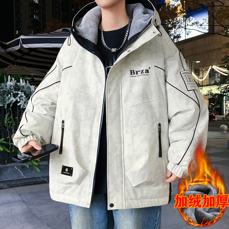 青少年外套男冬季加绒加厚连帽潮流休闲夹克男生保暖防寒衣服