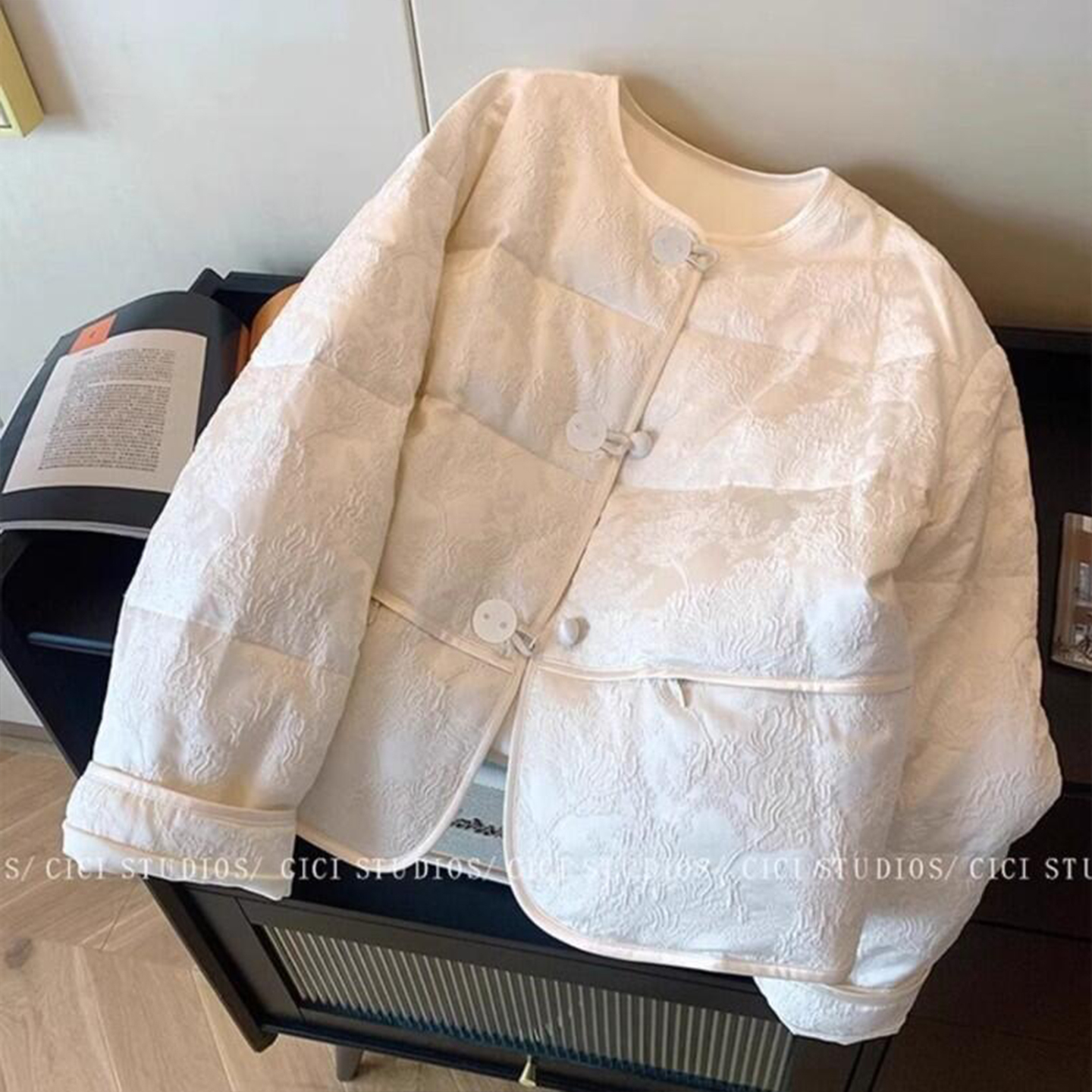 新中式提花圆领棉服外套女冬季大码胖mm宽松气质高级好看加厚棉衣