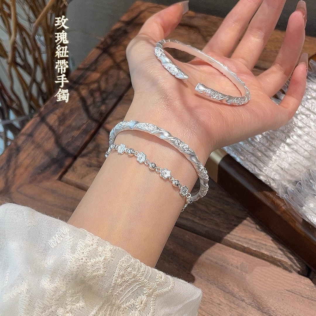 足银手镯 足银999新中式玫瑰纽带银手镯轻奢时尚开口七夕送女友礼