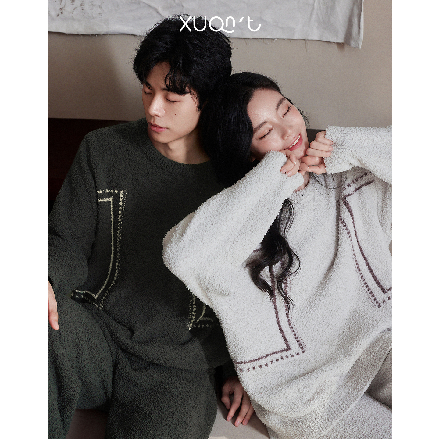 轩之婷珊瑚绒睡衣情侣装一男一女款可外穿半边绒加厚家居服秋冬季