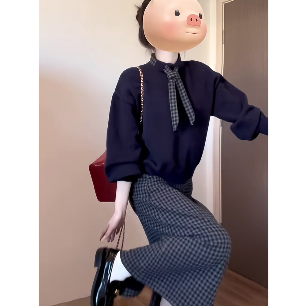 韩系氛围感套装女秋季设计感领带拼接针织衫洋气格子半身裙两件套