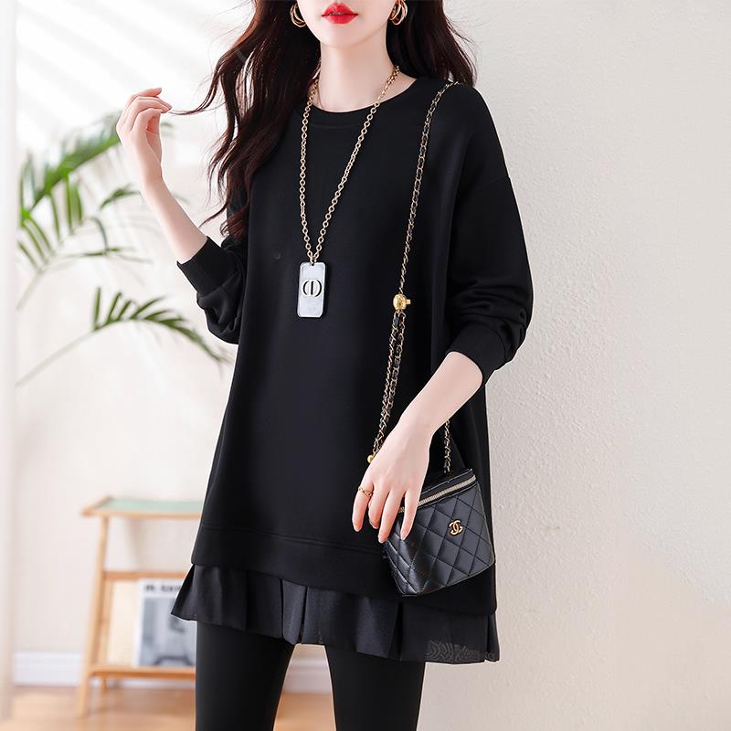 2023秋冬新款假两件卫衣女大码套头中长款宽松微200新疆大码女装