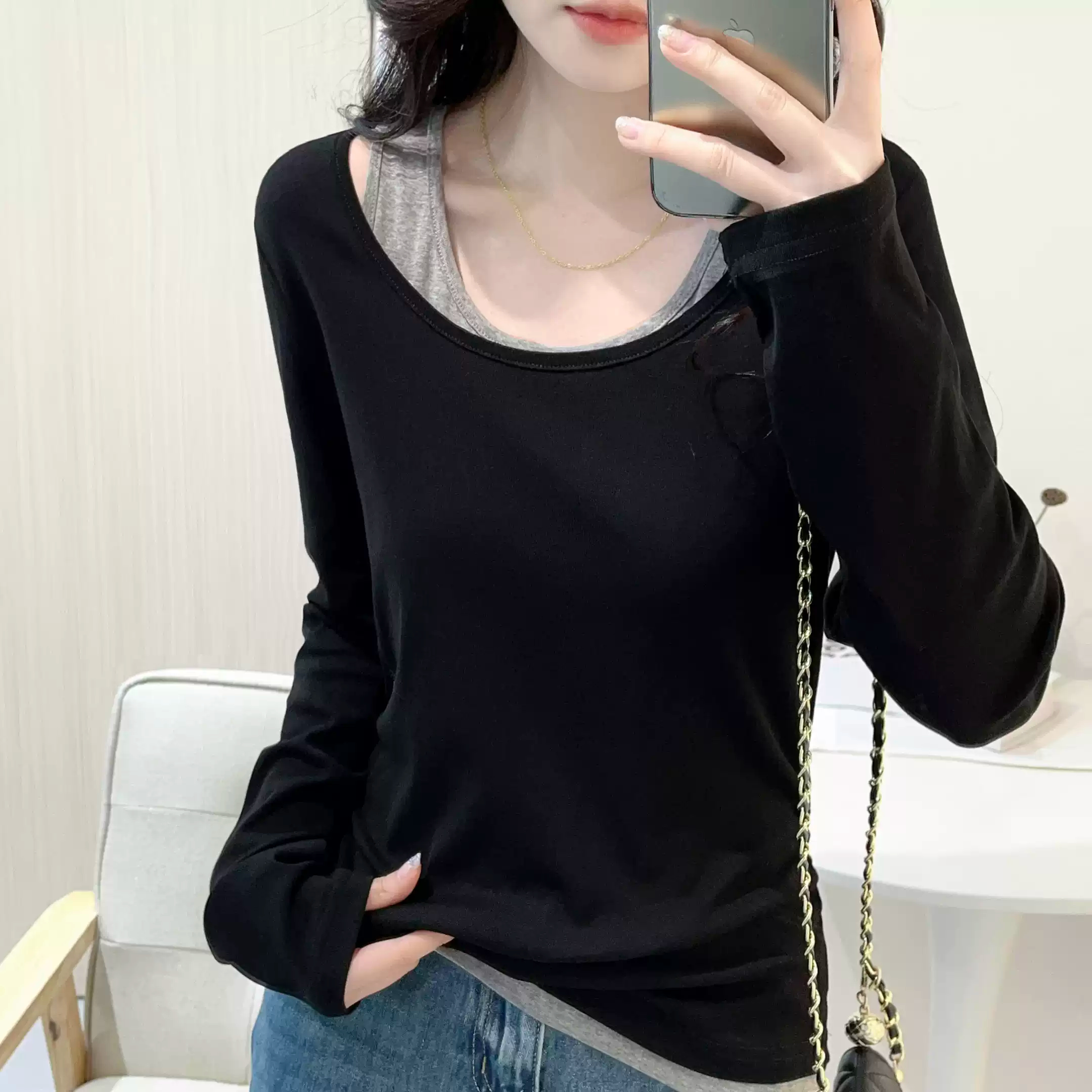 设计感假两件T恤女秋冬韩系穿搭露肩独特别致长袖打底衫显瘦上衣