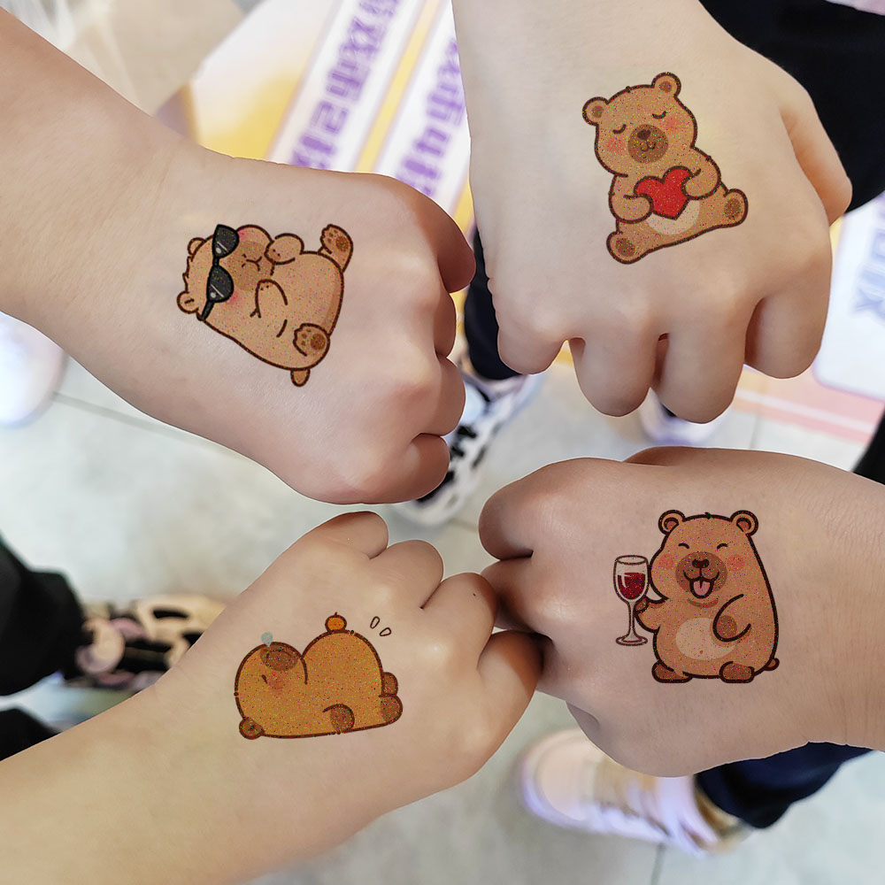 卡皮巴拉闪粉纹身贴纸脸贴节日礼物可爱卡通手臂装饰水豚贴画