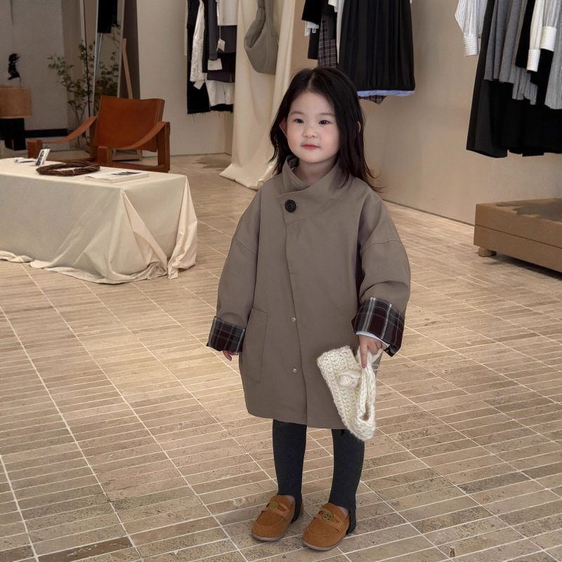 女童秋季风衣外套中长款时髦卡其色宽松上衣高级感韩系开衫洋气