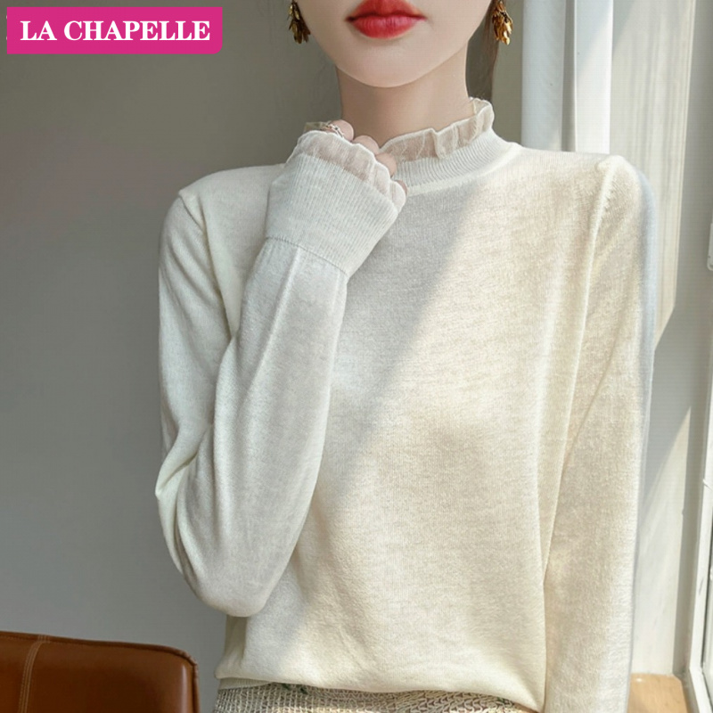 拉夏贝尔洋气蕾丝木耳领花边毛衣女秋冬宽松显瘦半高领针织打底衫