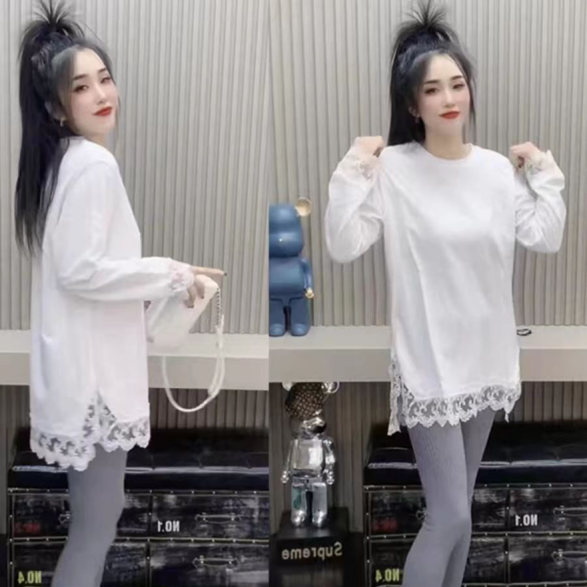 秋冬德绒t恤女时尚设计感显瘦宽松长袖蕾丝拼接打底衫中长款内搭