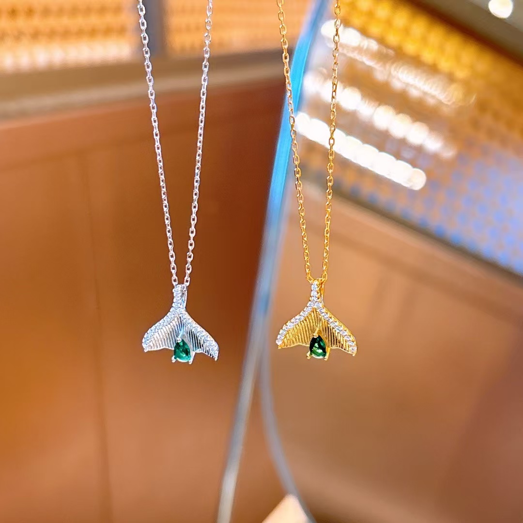 坠链均925银石英石（处理） 鱼尾绿珠925银项链轻职风 镶嵌百搭